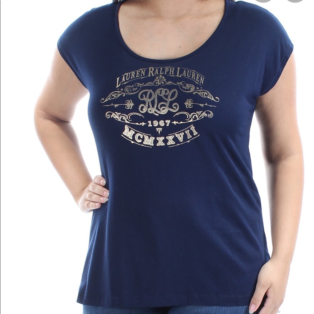 Lauren Ralph Lauren Scoop Neck, Gold Logo Top